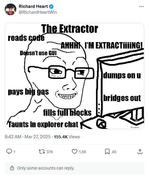 "The Extractor" meme — reads code, dumps on u, bridges out.
