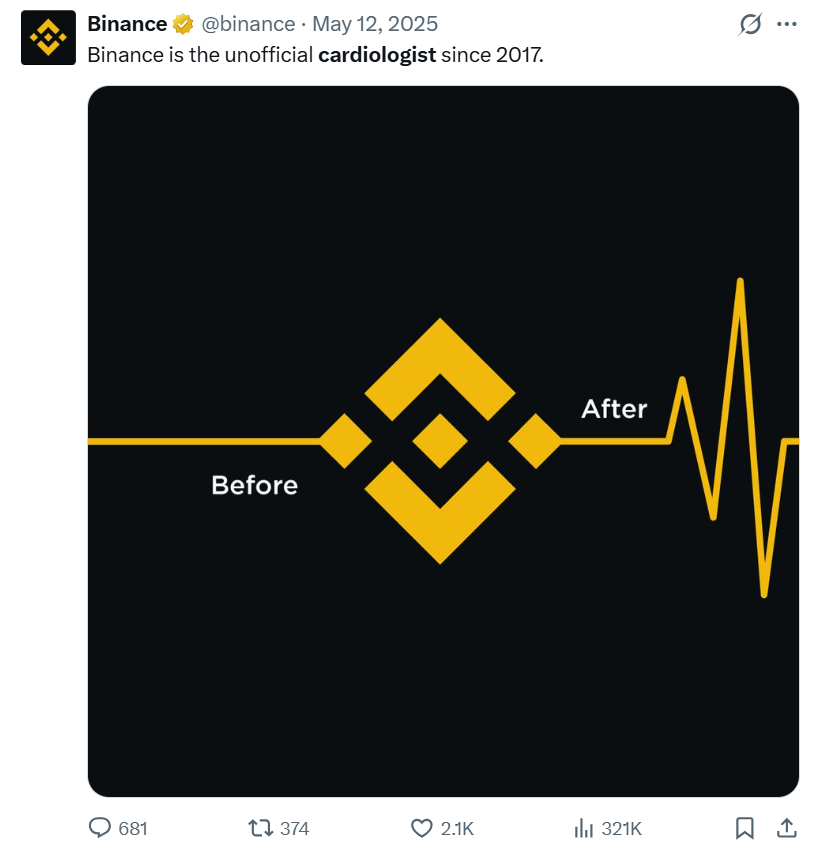 Flat line transitioning through Binance logo into a heartbeat
