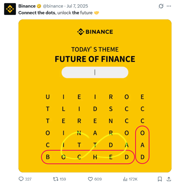Word-search puzzle with HEART COIN and BOCHED DAO highlighted