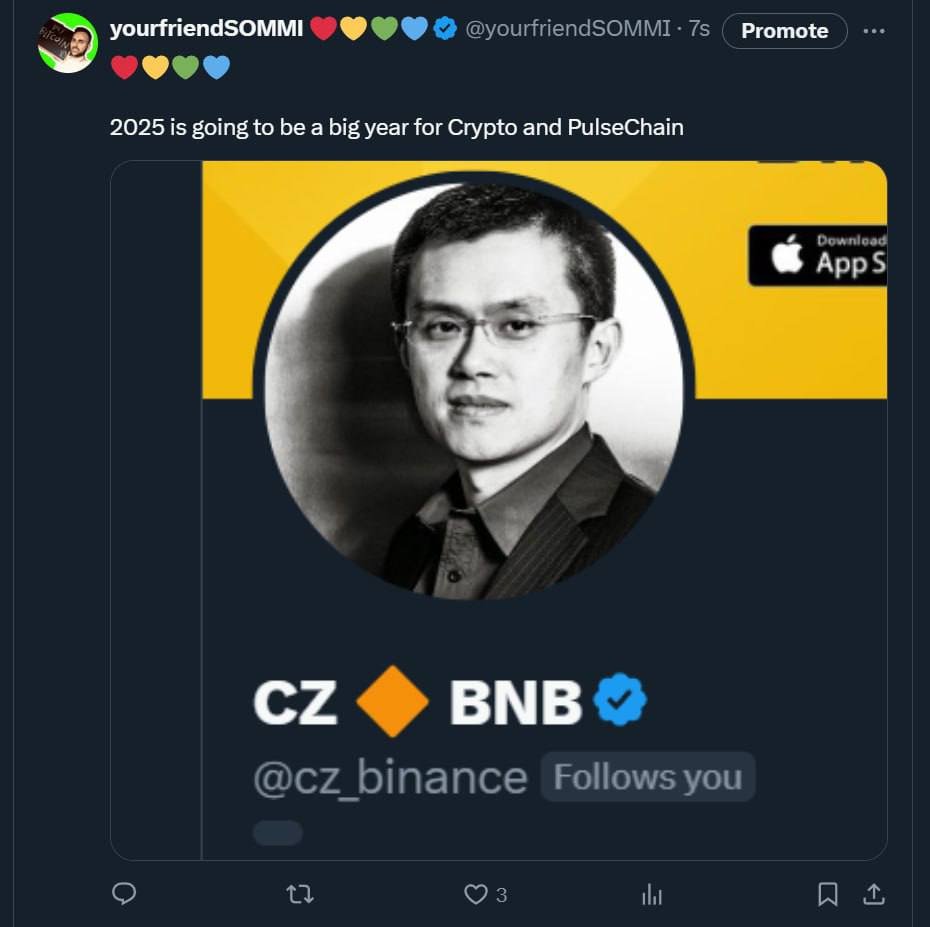 Screenshot showing CZ following @yourfriendsommi on X