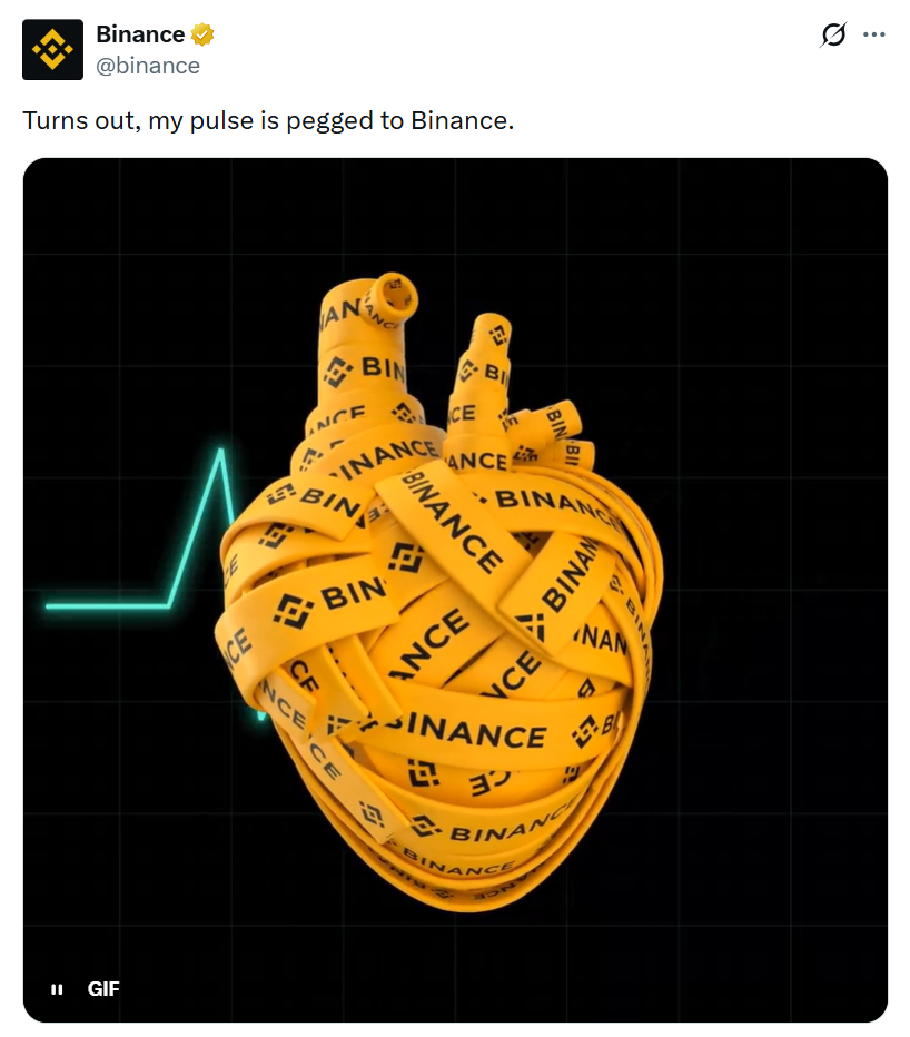 Heart wrapped in Binance ribbons with an ECG pulse