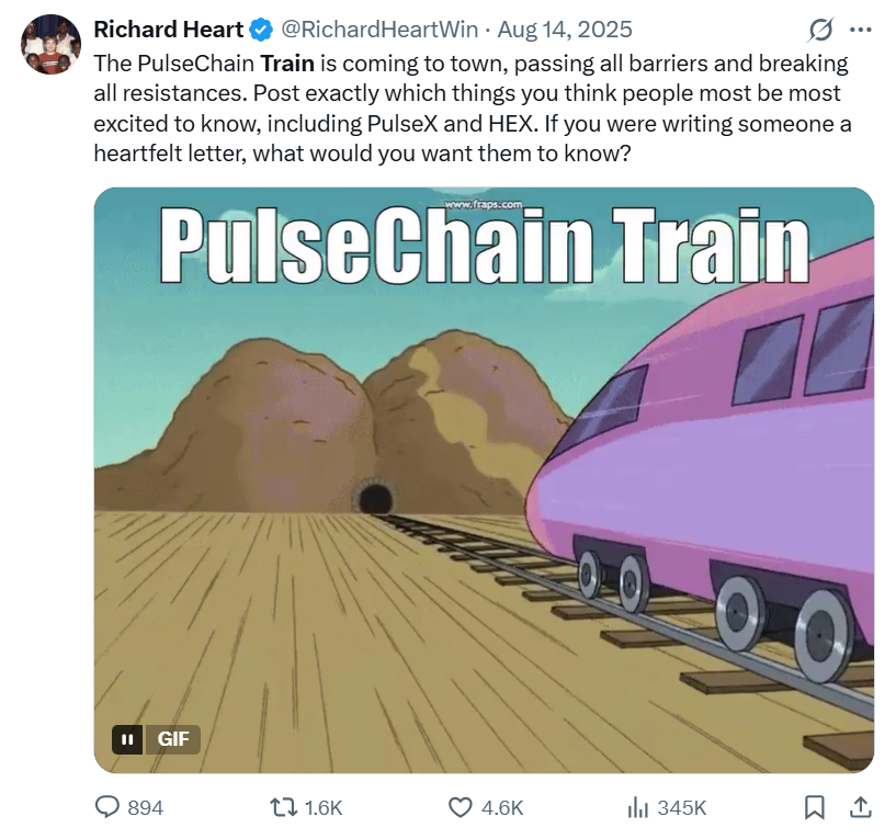 PulseChain Train — overlaid on a literal pegging GIF.