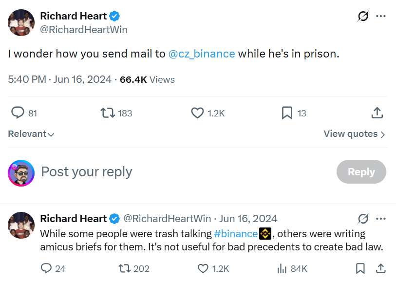 Two Richard Heart tweets about CZ and Binance from June 16, 2024
