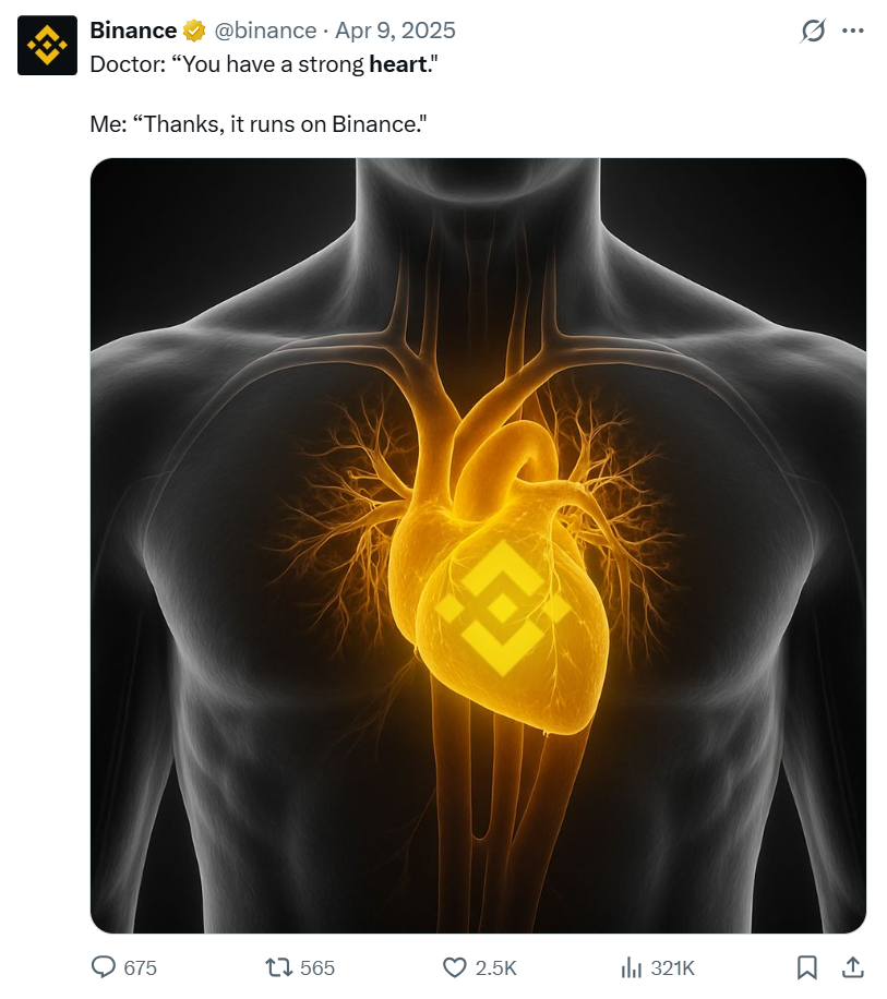 Glowing human heart with the Binance logo embedded inside the chest